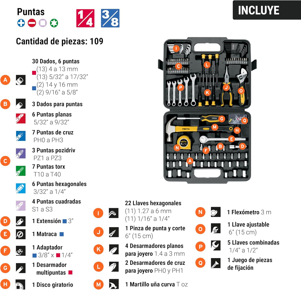 Pretul SET-109, Juego de herramientas con estuche, 109 piezas