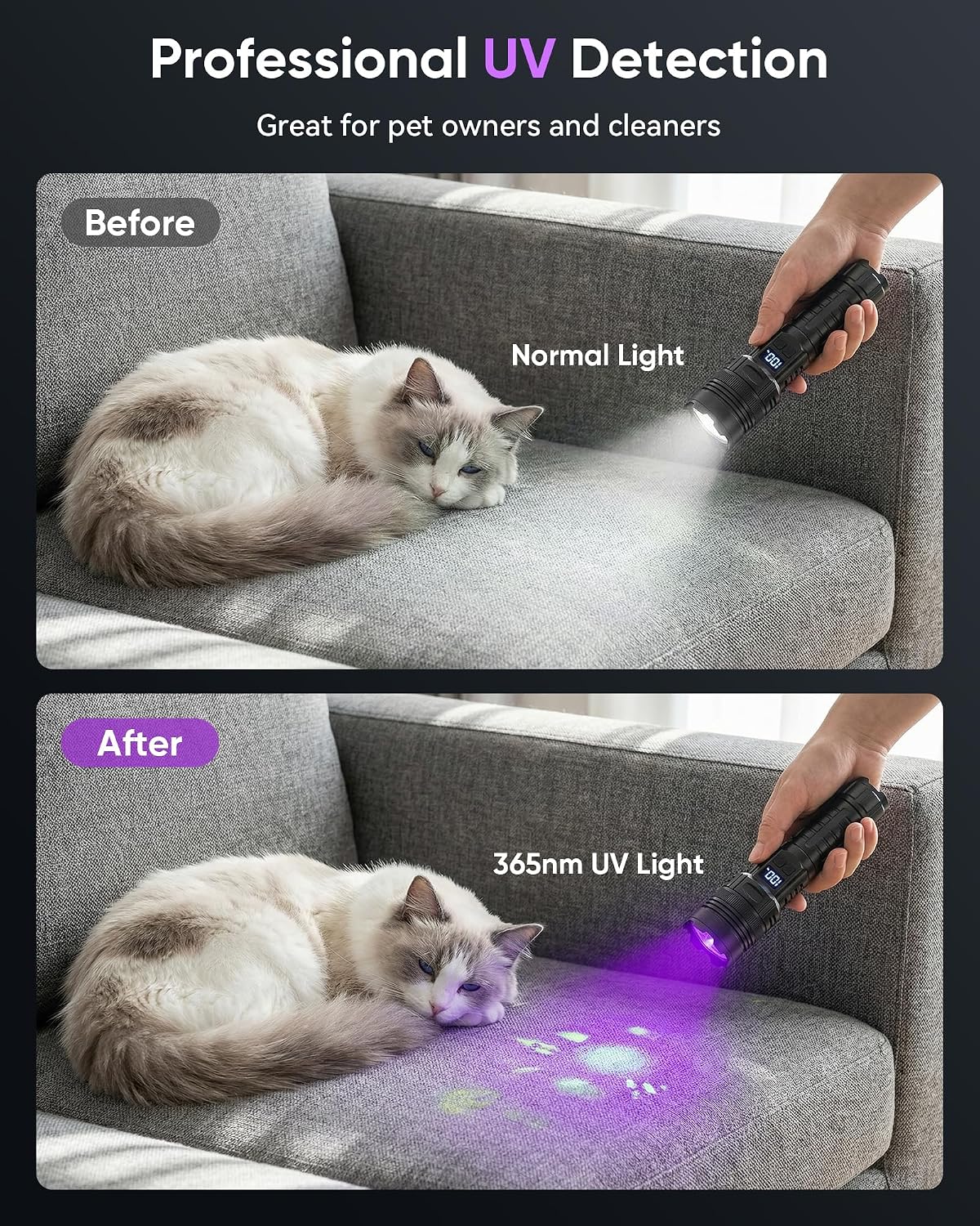 Linterna recargable con luz UV y luz blanca, luz negra de 365 NM y luz blanca de alto lúmen con pantalla LCD, 6 modos zo
