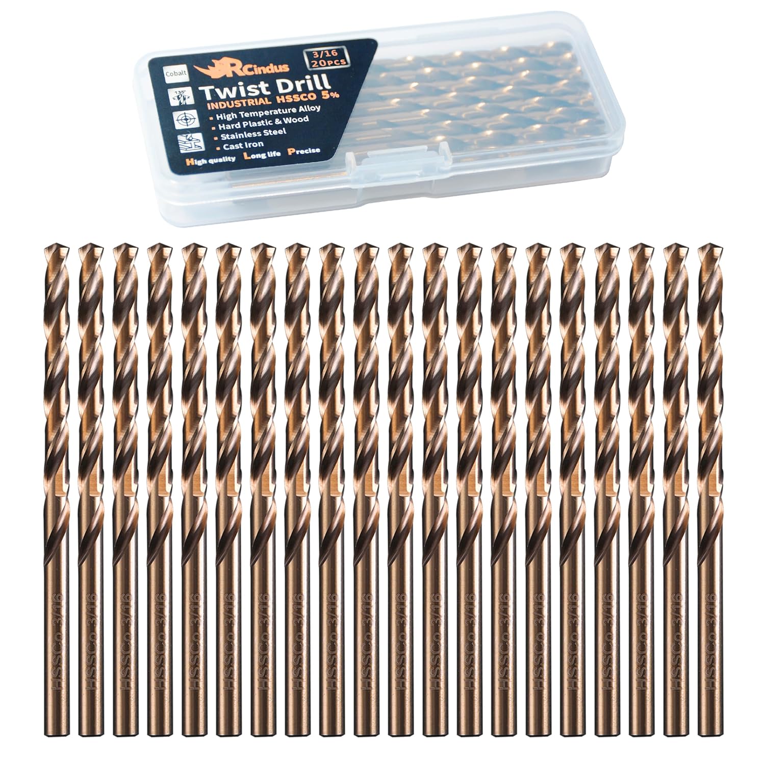(20 PIEZAS) Juego de brocas de cobalto de 3/16 pulgadas, brocas de metal HSS M35 para acero, acero inoxidable, hierro fu