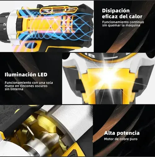 3/8''kit De Taladro Rotomartillo Función Inalámbrico Impacto , 3 En 1,con Maletin De Plástico ，Kit De Taladros Rotomarti