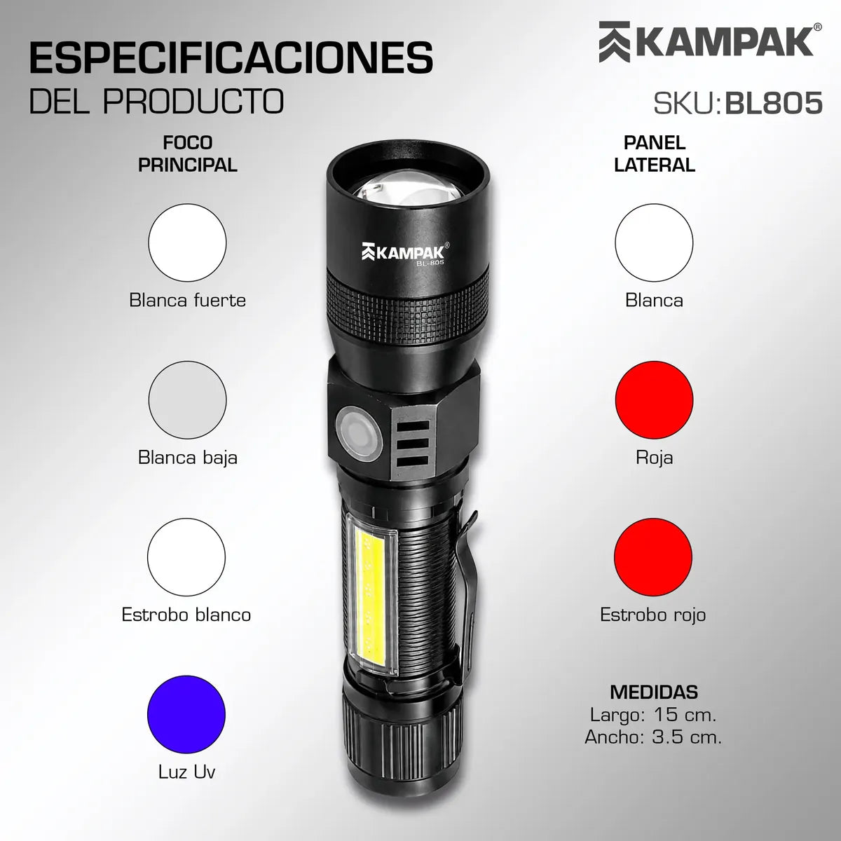 Lámpara Led Portátil Kampak Bl805 Recargable 7 Modos Cob Uv