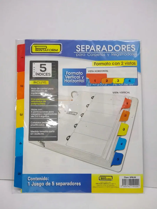 Separadores Carta Multicolor Printaform 5 Pestañas Plastificadas