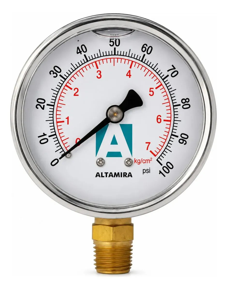 Manómetro Glicerina 0-100 Psi Altamira Caratula De 2.5 Y Conexión Tipo Base 1/4 Rosca Npt Macho Man0-100g