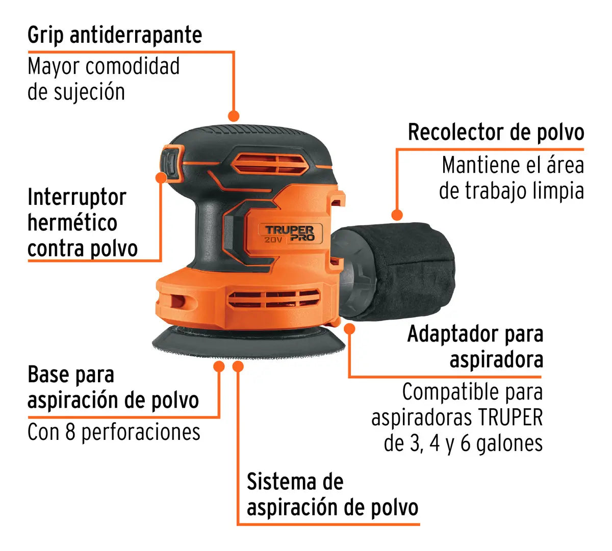 Lijadora Roto-orbital Inalámbrica 5 sin accesorios Truper PRO LIRI-20AS Color Naranja