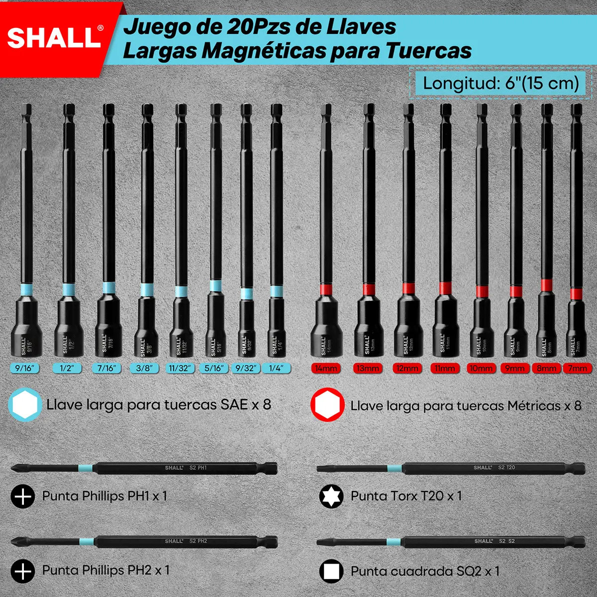 Juego De Dados Y Puntas Magneticos Para Taladro Destornillador 6'' 20pzs, SAE Y Métricas Adaptador Para Taladro Extendid
