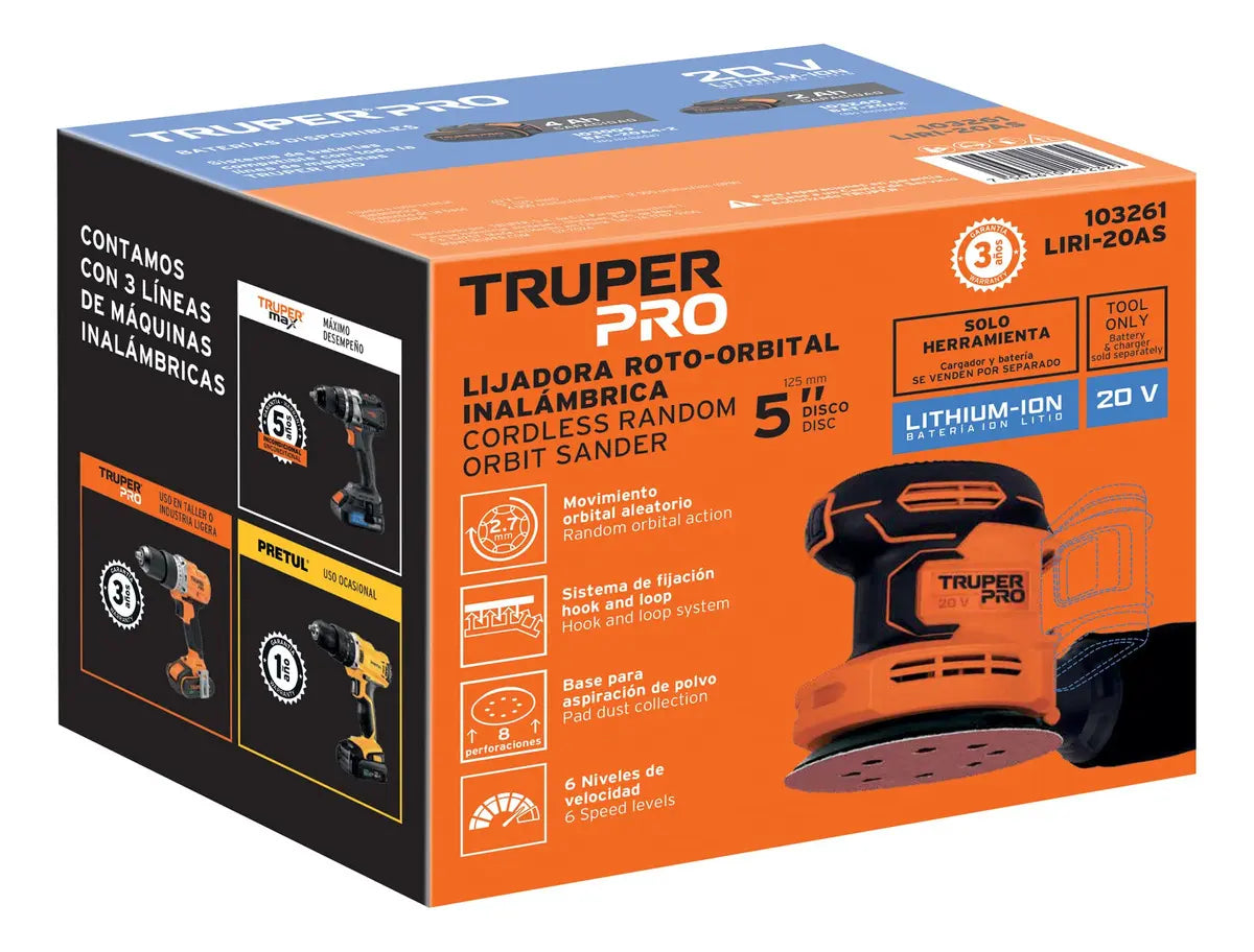 Lijadora Roto-orbital Inalámbrica 5 sin accesorios Truper PRO LIRI-20AS Color Naranja