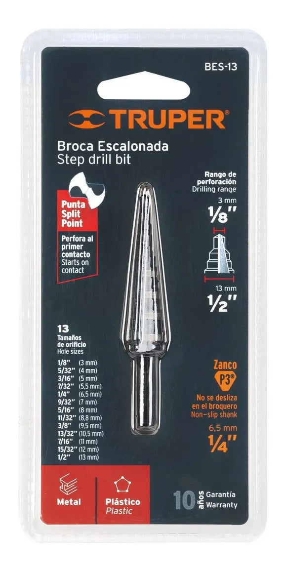Broca Escalonada 13 Escalones 1/8' 1/2' 3-13mm Truper 12122