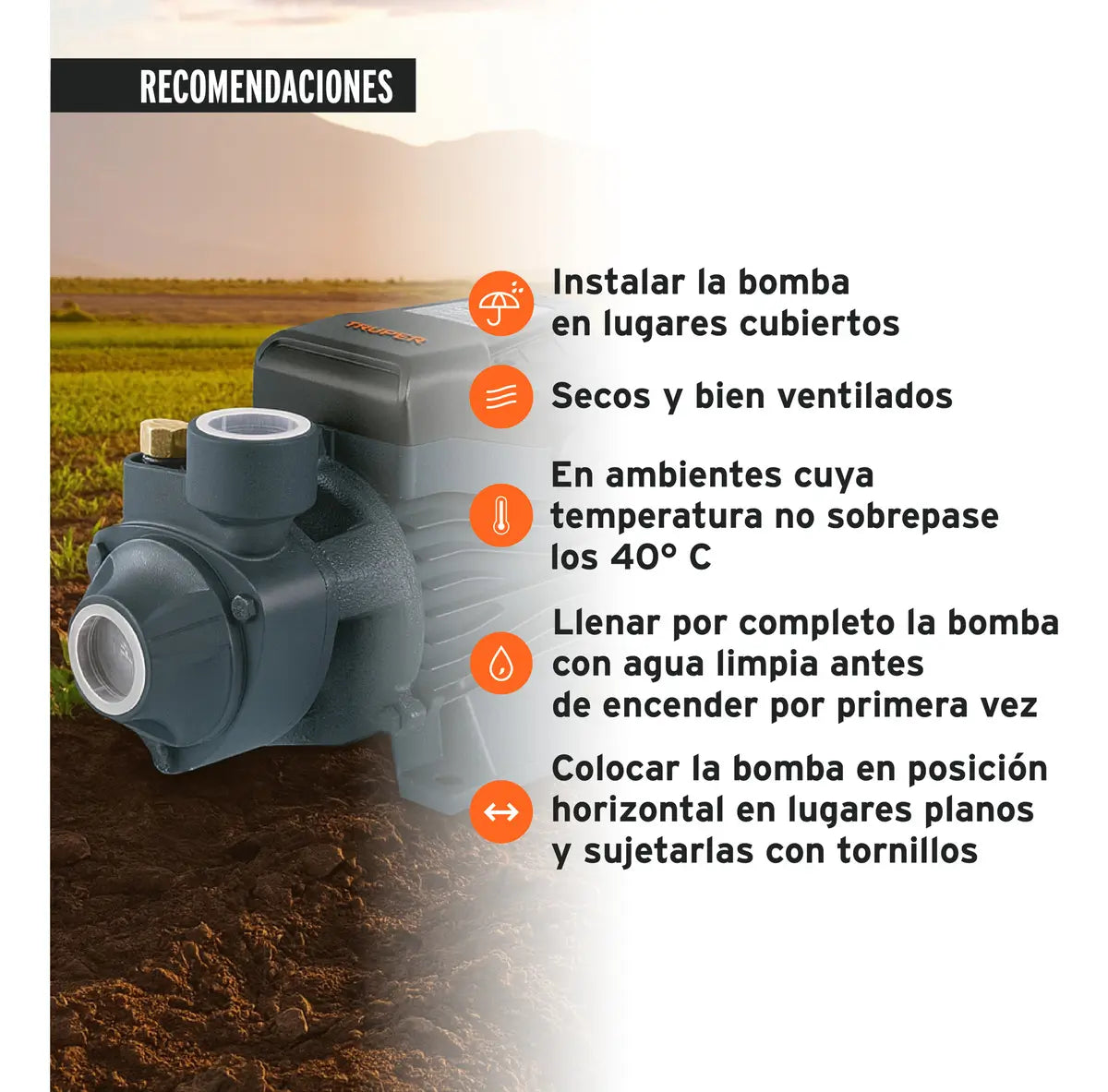 Bomba periférica TRUPER, 1 HP, Altura máxima 60m, Uso agrícola, BOAP-1A2
