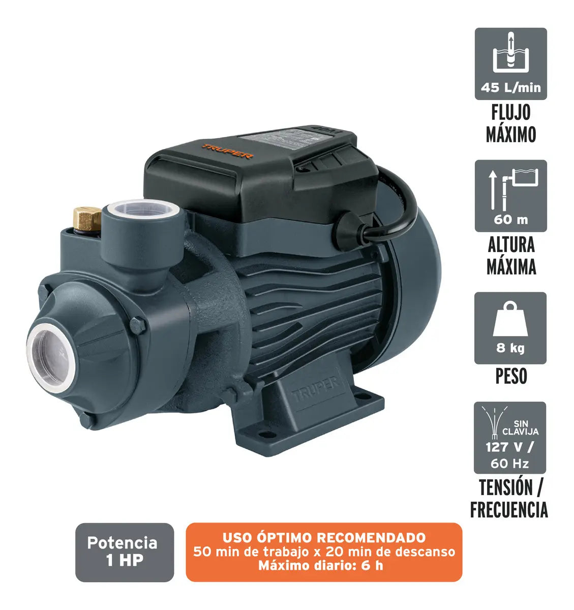 Bomba periférica TRUPER, 1 HP, Altura máxima 60m, Uso agrícola, BOAP-1A2