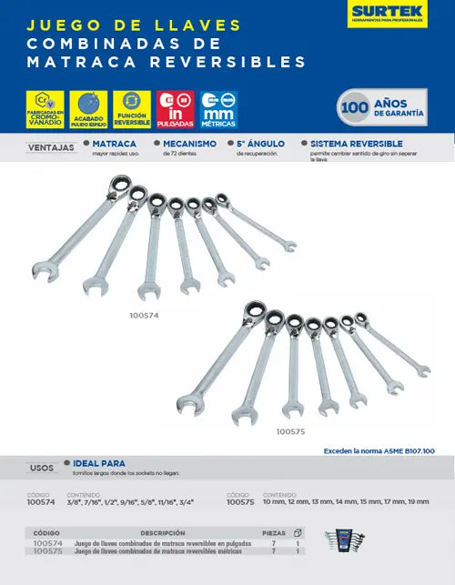 Llaves Combinadas Pulido Matraca Reversible Métricas 7 Pz