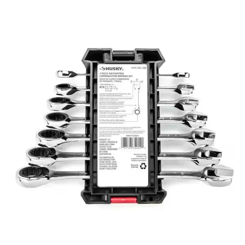 Juego de llaves combinadas Husky Ratcheting Sae de 7 piezas, aleación cromada