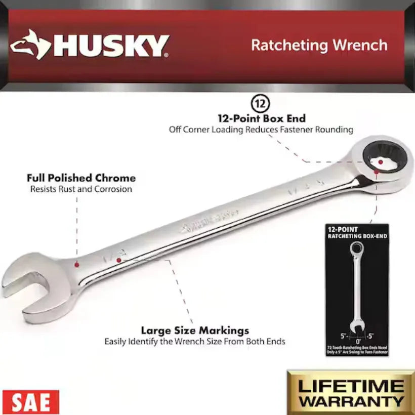 Juego de llaves combinadas Husky Ratcheting Sae de 7 piezas, aleación cromada