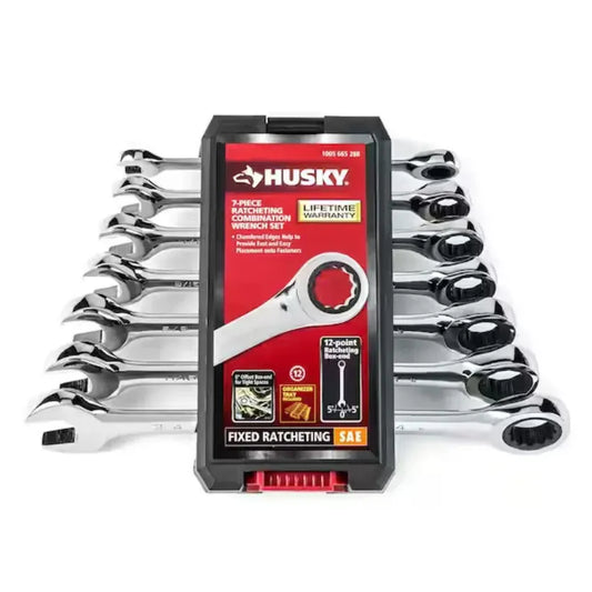 Juego de llaves combinadas Husky Ratcheting Sae de 7 piezas, aleación cromada