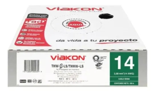 Cable Viakon 100 Mts. Cal. 14 100% Cobre Thw-ls/thhw-ls Color de la cubierta Verde