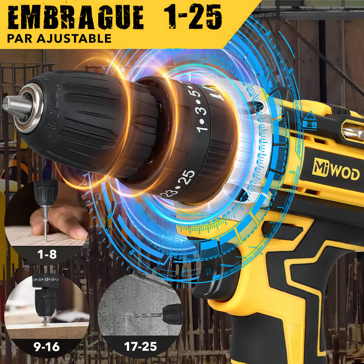 Taladro Atornillador De Impacto Inalámbrico 21v 2 Batería Miwod Miw-dz99 Amarillo