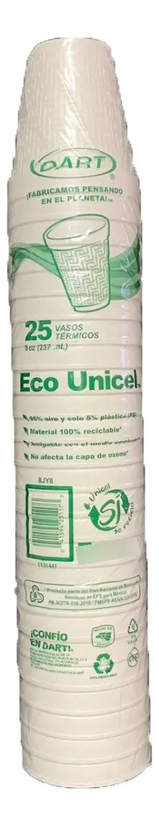 Vaso Térmico Unicel 8 Onzas 25 Vasos 237 Ml Dart