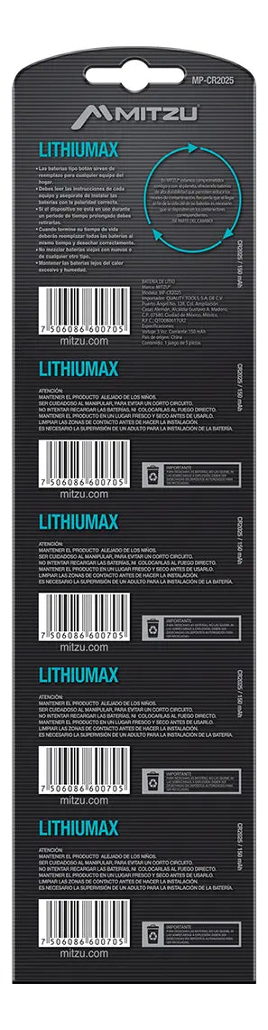 Pila Mitzu Cr2025 Botón - Pack De 5 Unidades 150 Mah