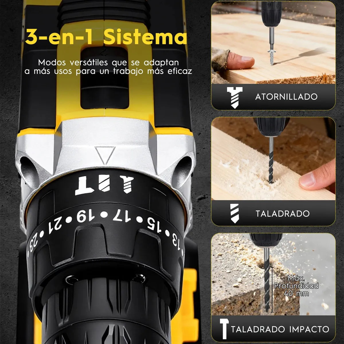 3/8''kit De Taladro Rotomartillo Función Inalámbrico Impacto , 3 En 1,con Maletin De Plástico ，Kit De Taladros Rotomarti