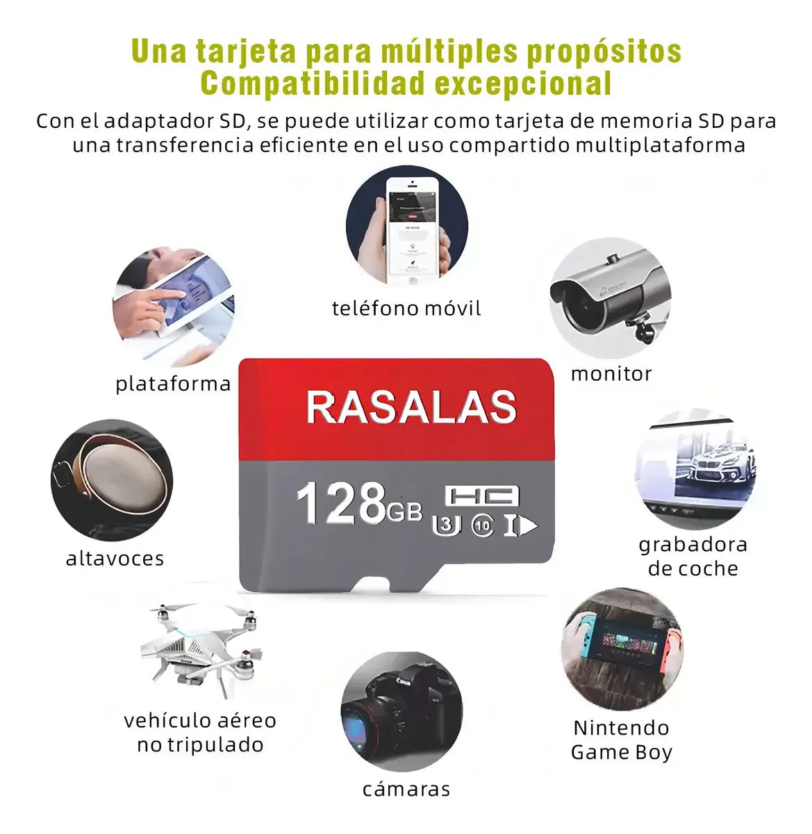 Tarjeta micro SD 128GB Rasalas UHS-I Clase 10 con Adaptador 90MB/s