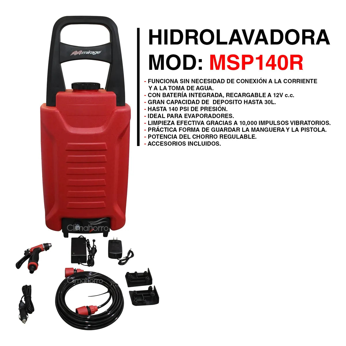 Hidrolavadora Portatil Mirage Recargable Con Pistola 30 Lts