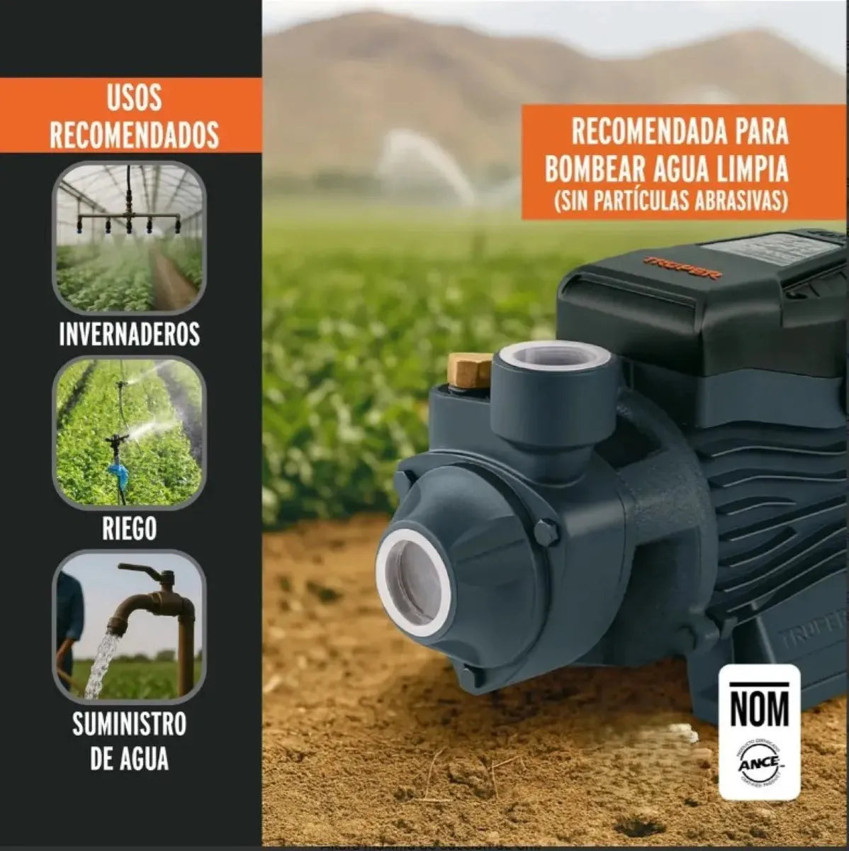 Bomba periférica TRUPER, 1 HP, Altura máxima 60m, Uso agrícola, BOAP-1A2