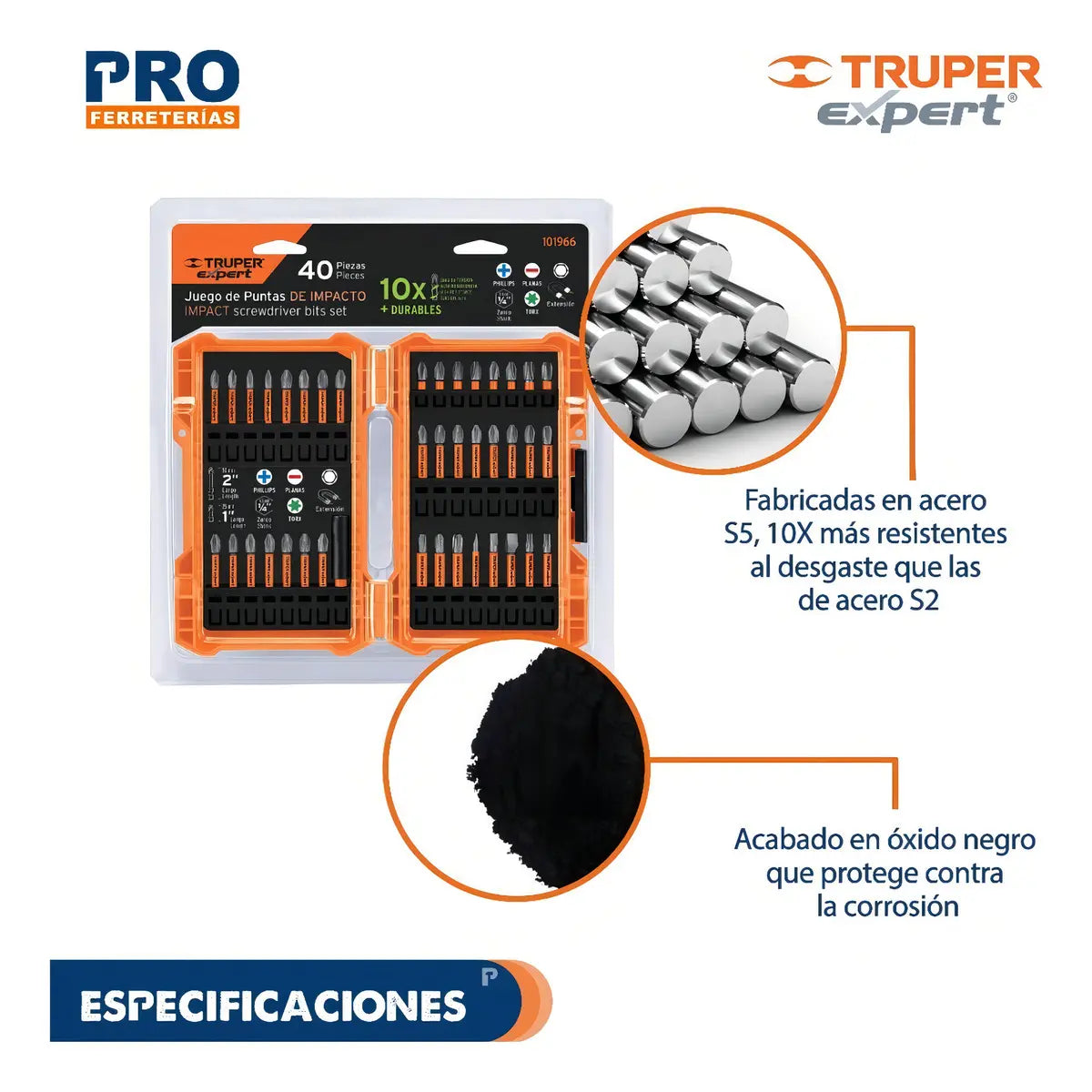 Juego De 40 Puntas De Impacto Para Desarmador Truper 101966