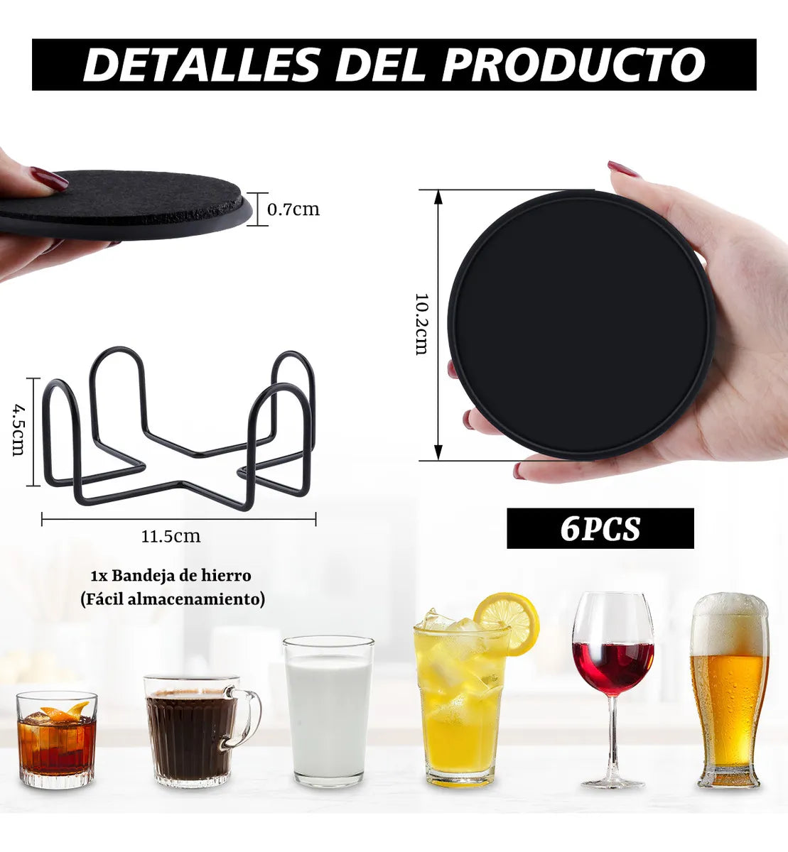 Vasos De Silicona Absorbente Extra Grandes De 10 Cm Con 6 Pu Color Negro