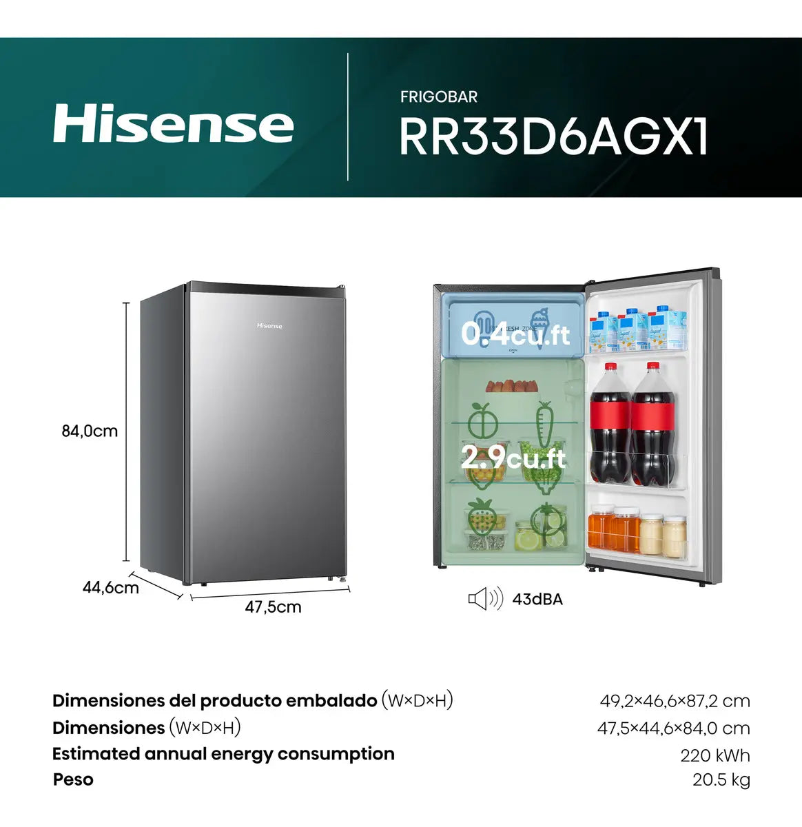Hisense RR33D6AGX1- Frigobar,3.3 pies cúbicos,Termostato ajustable,Congelador independiente,Estantes para botellas de 2 