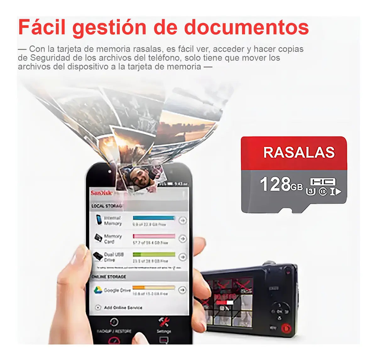 Tarjeta micro SD 128GB Rasalas UHS-I Clase 10 con Adaptador 90MB/s
