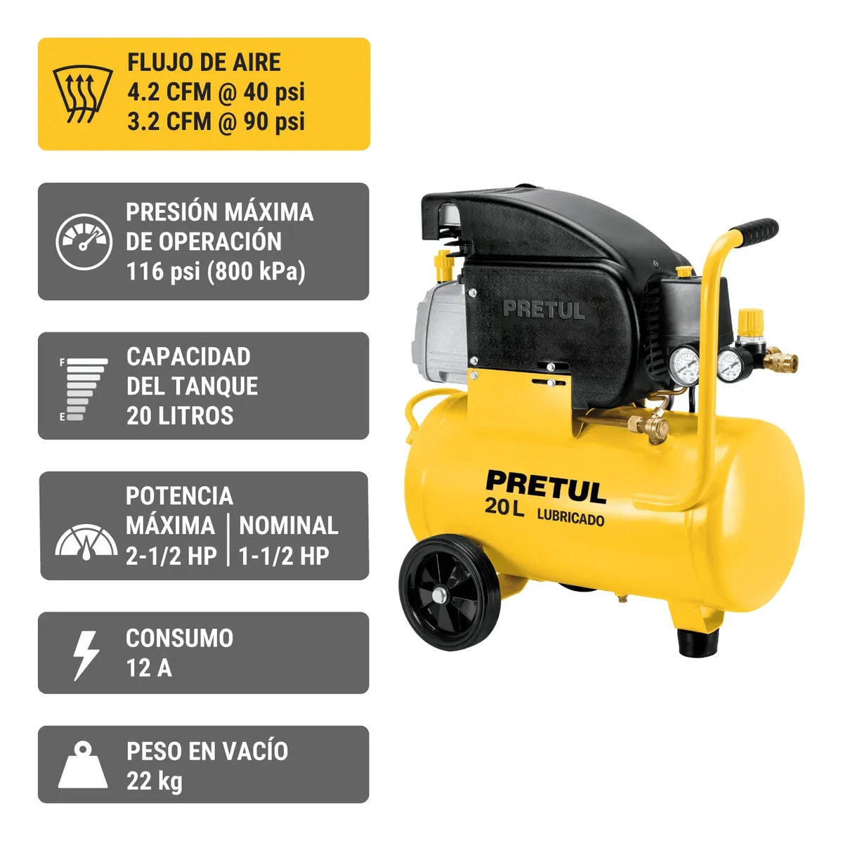 Compresor horizontal lubricado PRETUL, 20L, 2-1/2HP, COMP-20LP