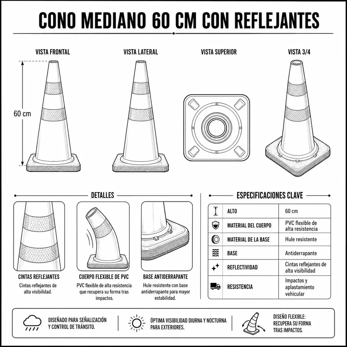 Cono De Tránsito 60 Cm Con Reflejantes Base Negra Hb