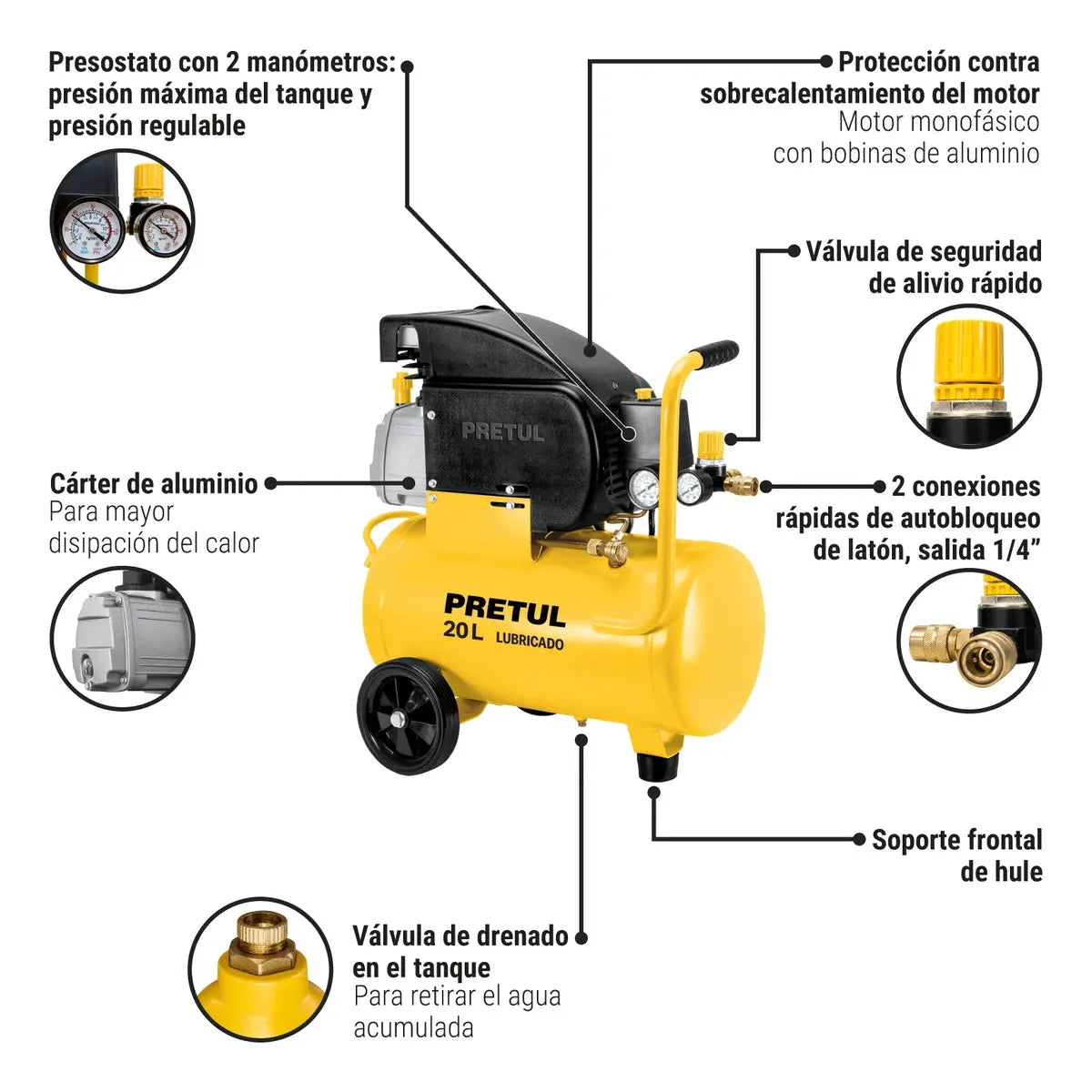 Compresor horizontal lubricado PRETUL, 20L, 2-1/2HP, COMP-20LP