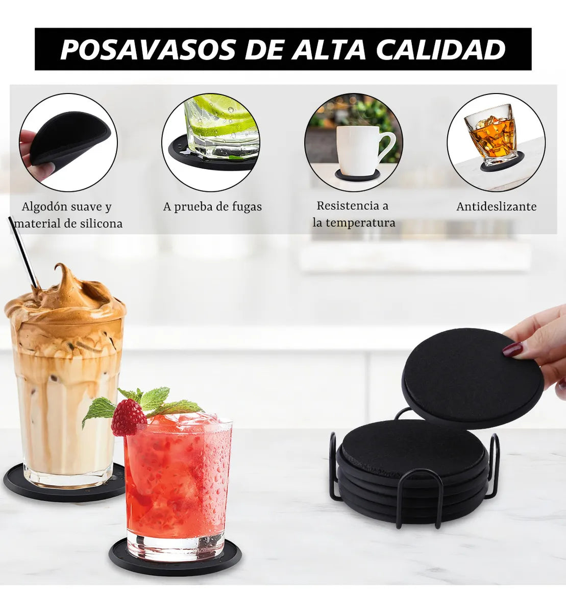 Vasos De Silicona Absorbente Extra Grandes De 10 Cm Con 6 Pu Color Negro