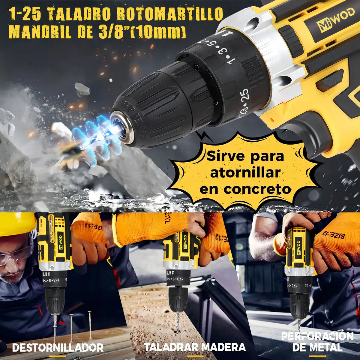 Taladro Atornillador De Impacto Inalámbrico 21v 2 Batería Miwod Miw-dz99 Amarillo