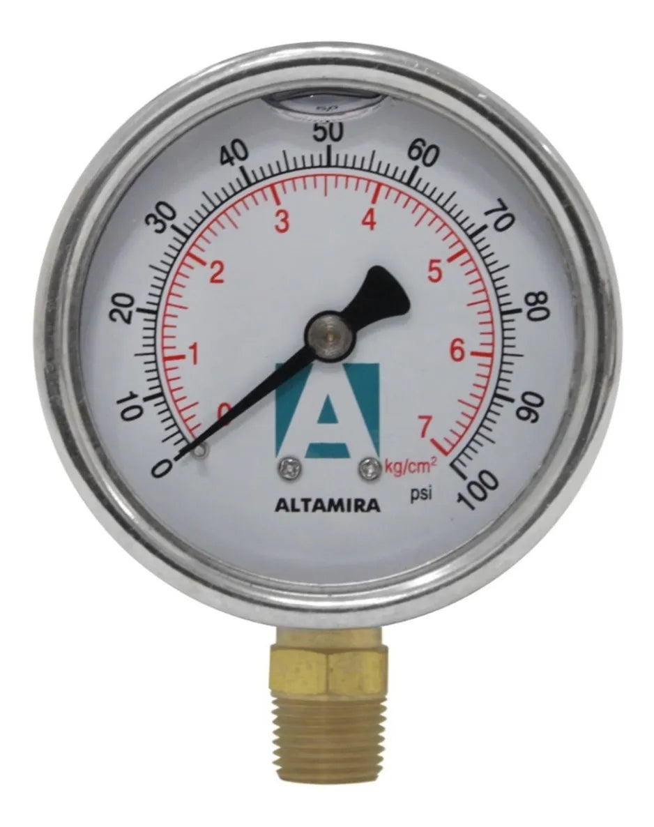 Manómetro Glicerina 0-100 Psi Altamira Caratula De 2.5 Y Conexión Tipo Base 1/4 Rosca Npt Macho Man0-100g
