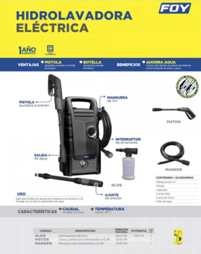 Hidrolavadora Eléctrica 1300 W Foy Hl316