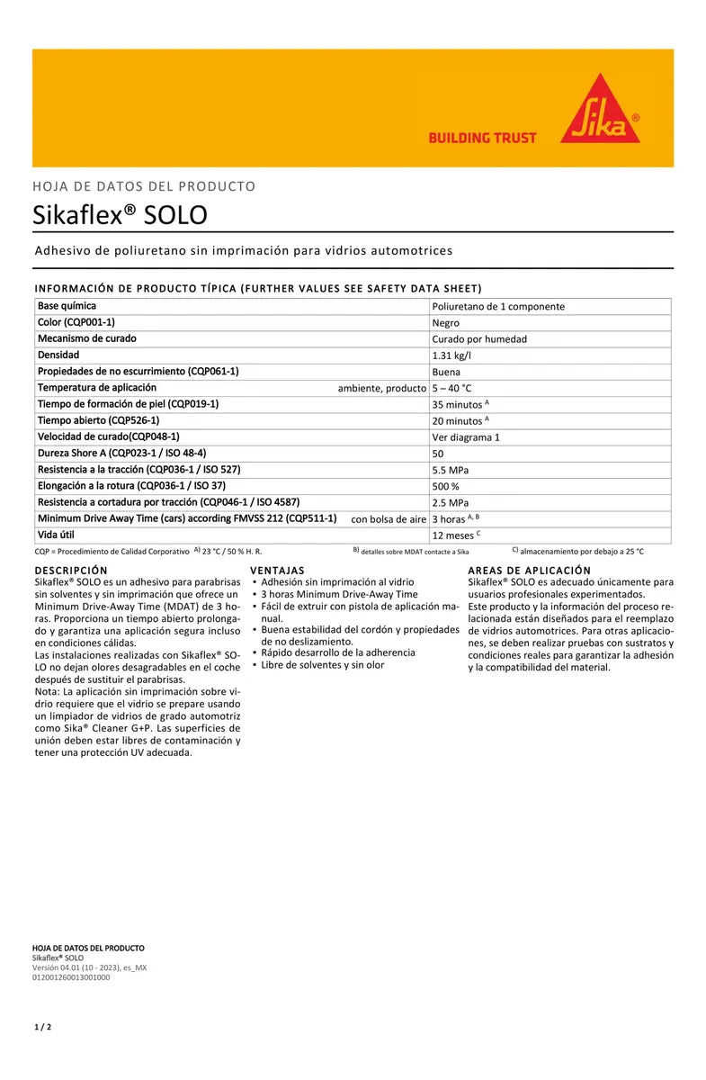 Sikaflex Solo Cartucho 300 Ml Negro Adhesivo Parabrisas