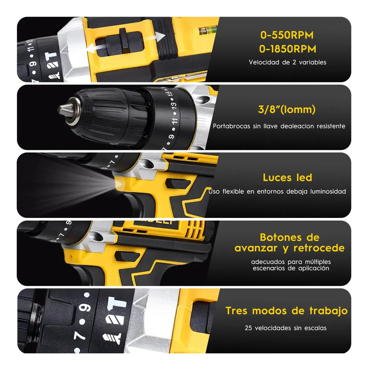3/8''kit De Taladro Rotomartillo Función Inalámbrico Impacto , 3 En 1,con Maletin De Plástico ，Kit De Taladros Rotomarti