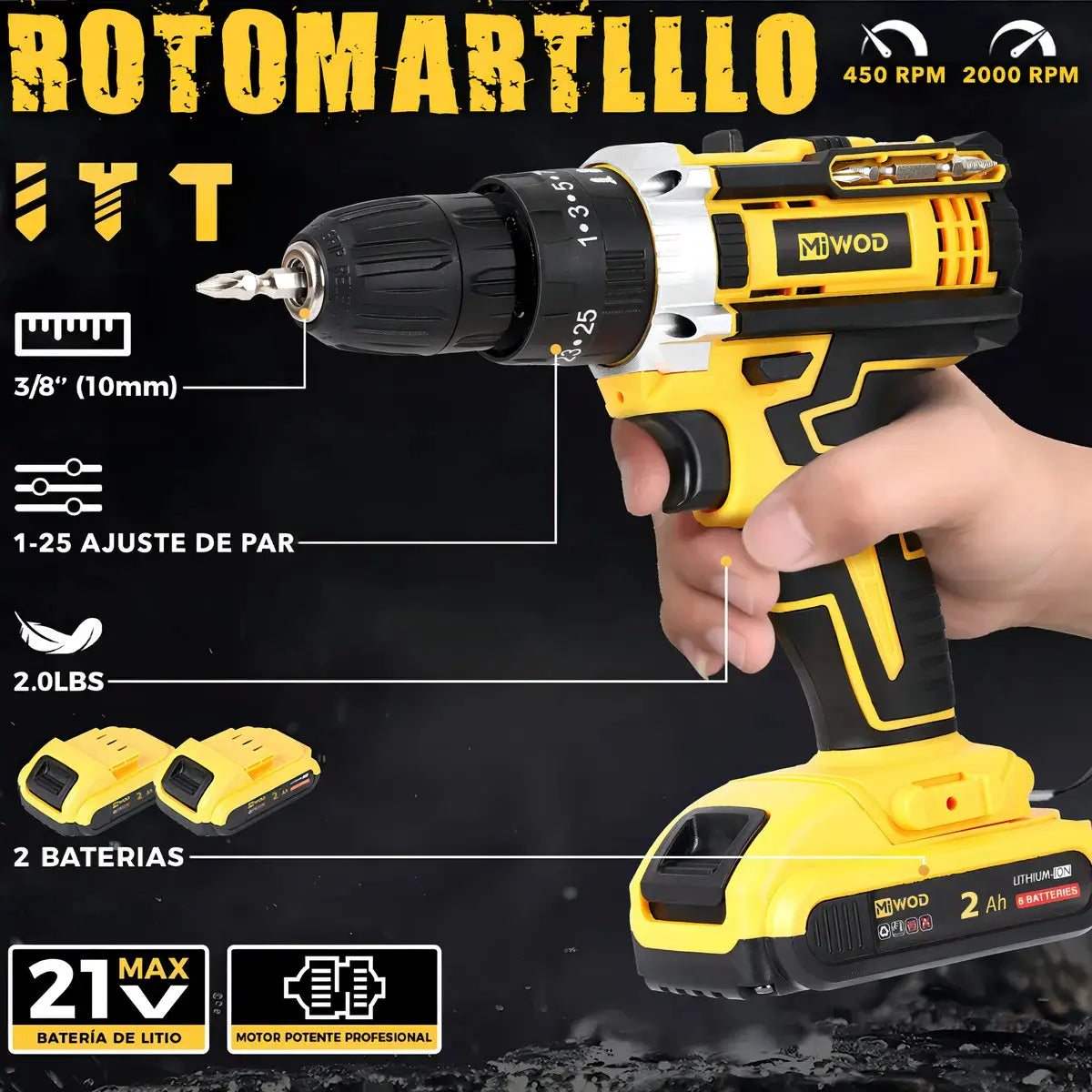 Taladro Atornillador De Impacto Inalámbrico 21v 2 Batería Miwod Miw-dz99 Amarillo